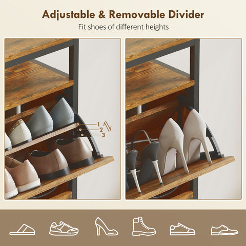HOMCOM Shoe Storage Cabinet with 4 Flip Drawers and Open Shelf - Rustic Brown