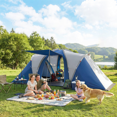 Outsunny Family Camping Tent 3000mm Waterproof Windproof Tunnel Tent 8-12 Person, Navy Blue & Light Grey