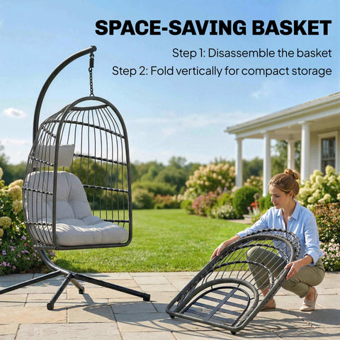 Outsunny Hanging Egg Chair, Indoor Outdoor Hammock Swing Chair with Stand, Safety Strap, Foldable Basket, Dark/Light Grey