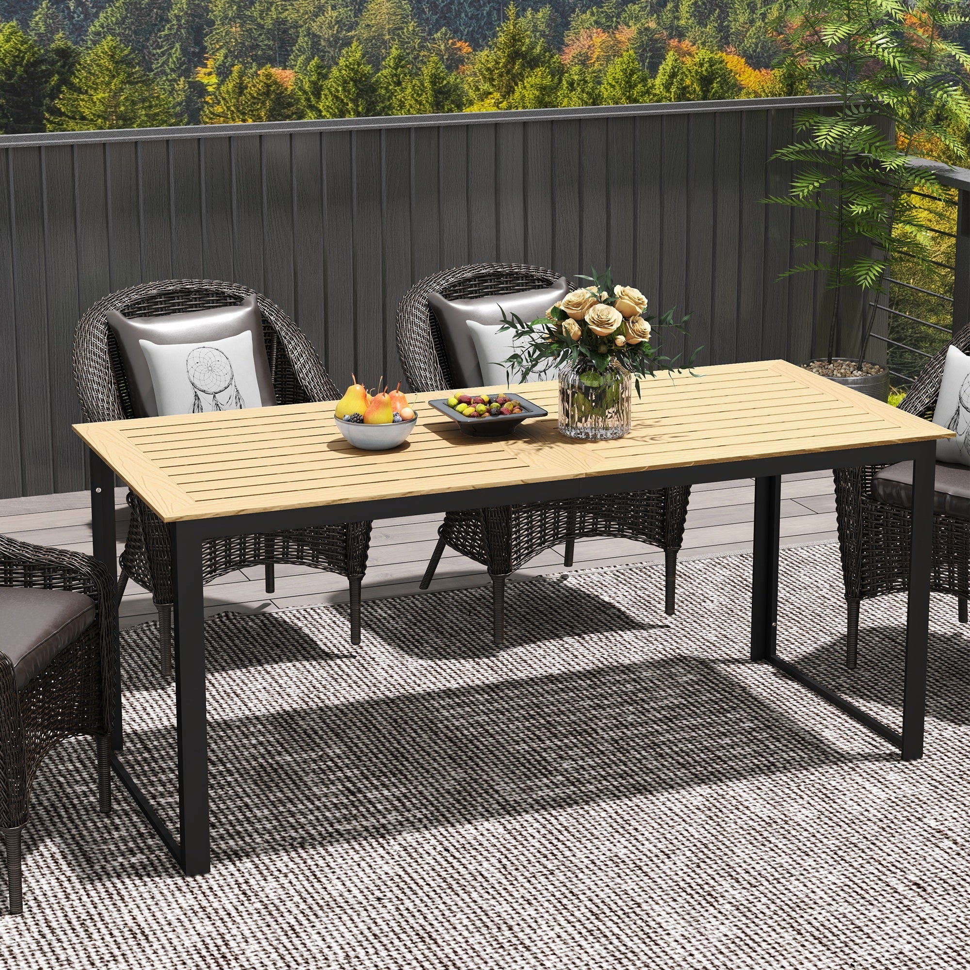 Outsunny Garden Dining Table, 175 x 78 x 75 cm Rectangle Outdoor Table for 6 People with Slatted Table Top, Metal Frame, for Balcony, Deck, Teak