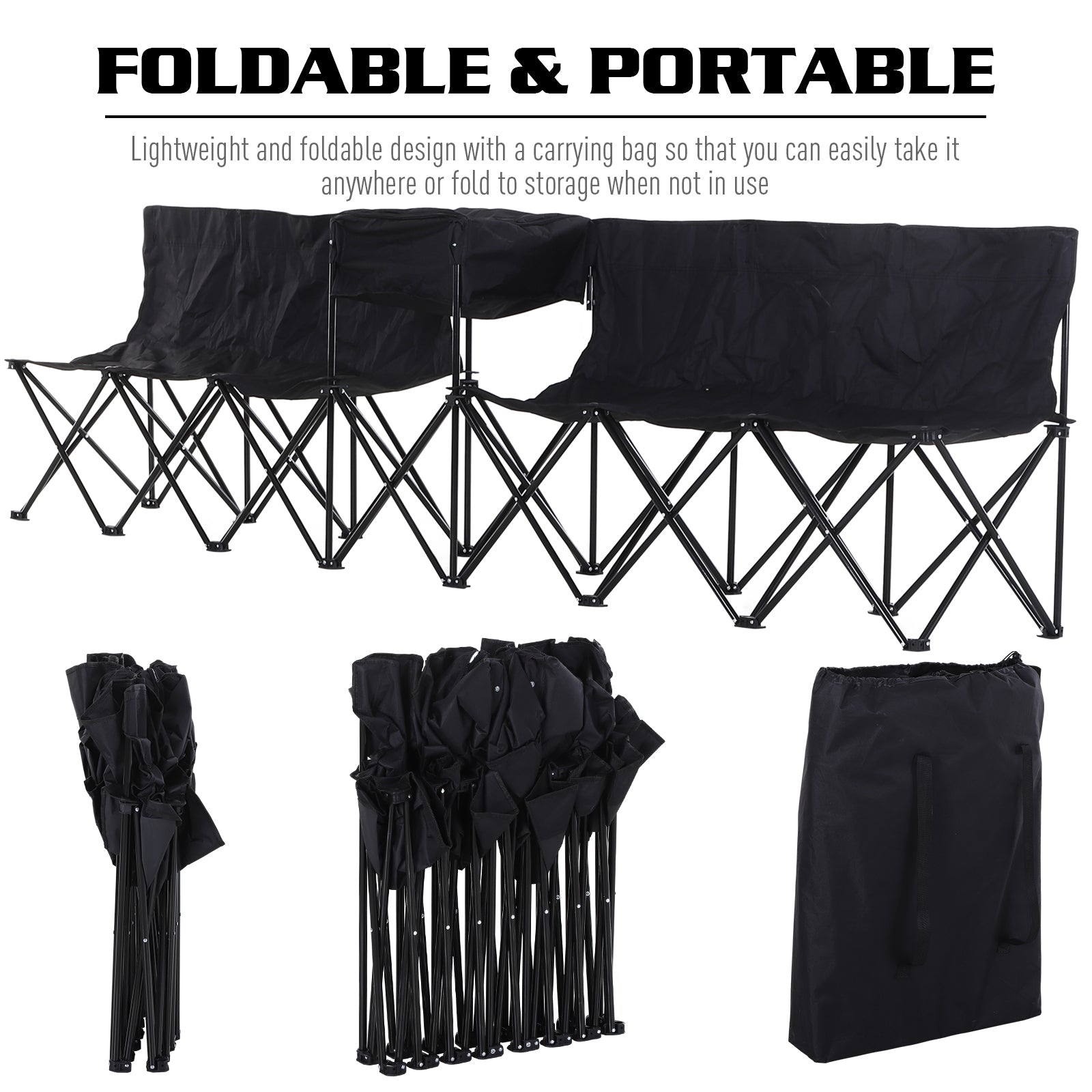 Outsunny 6 Seat Folding Sports Bench Portable Sports Team Bench Spectator Chair with Cooler Bag and Carrying Bag for Outdoor Picnic Camping - Black