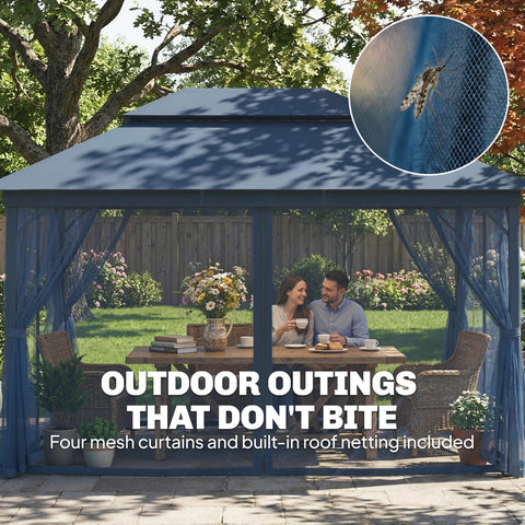 Outsunny 3 x 4 m Outdoor Garden Gazebo with Netting and Curtains, UPF50+ Patio Gazebo Permanent Pavilion Canopy, Dark Blue