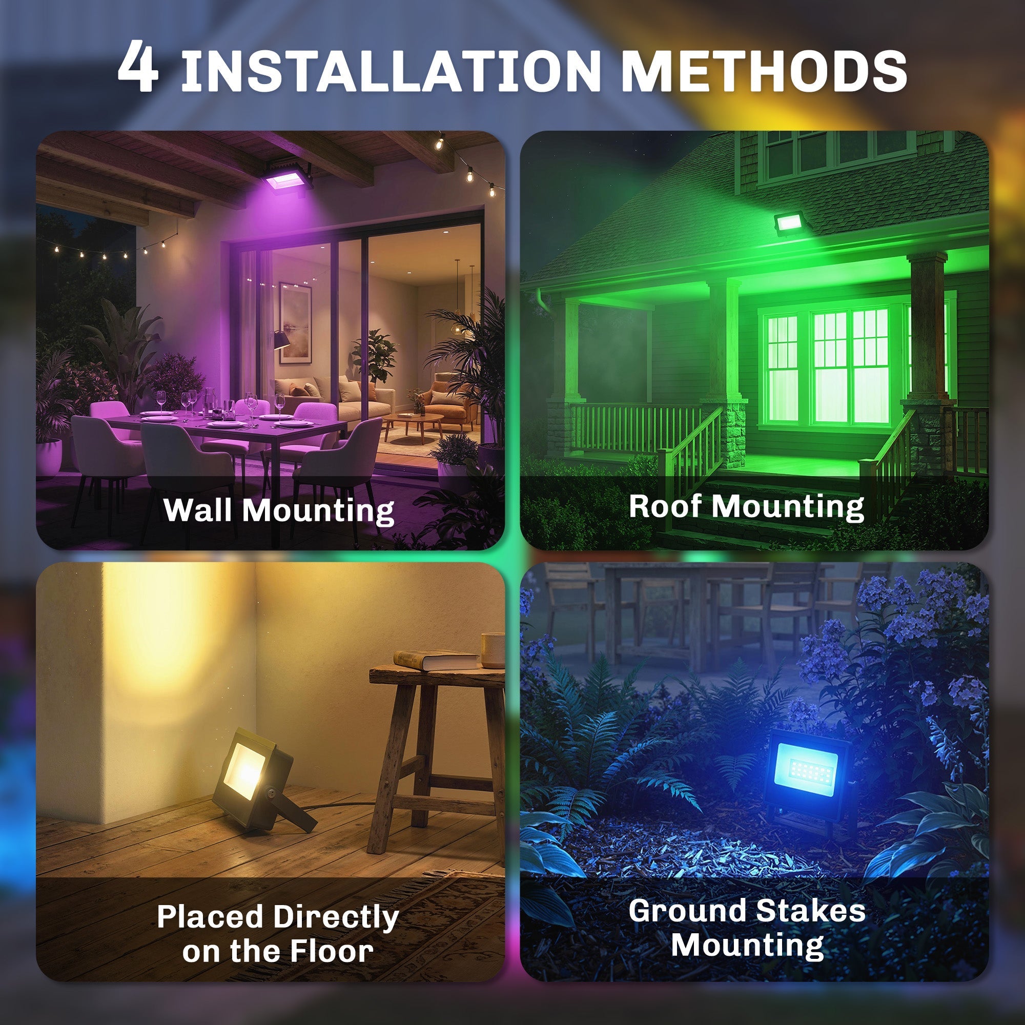 Outsunny 32W LED Floodlights, Linkable 4-Pack Landscape Lighting with Remote Control, RGB Colour Changing, UK Plug, Black