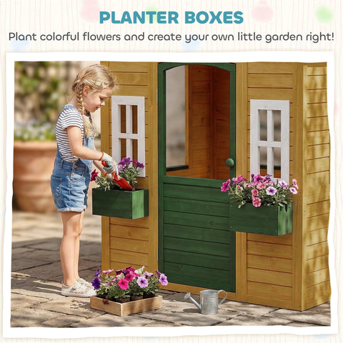 AIYAPLAY Outdoor Kids Playhouse, Wooden Wendy House with Door, 3 Windows, 2 Flower Boxes for Garden, Indoor Playroom