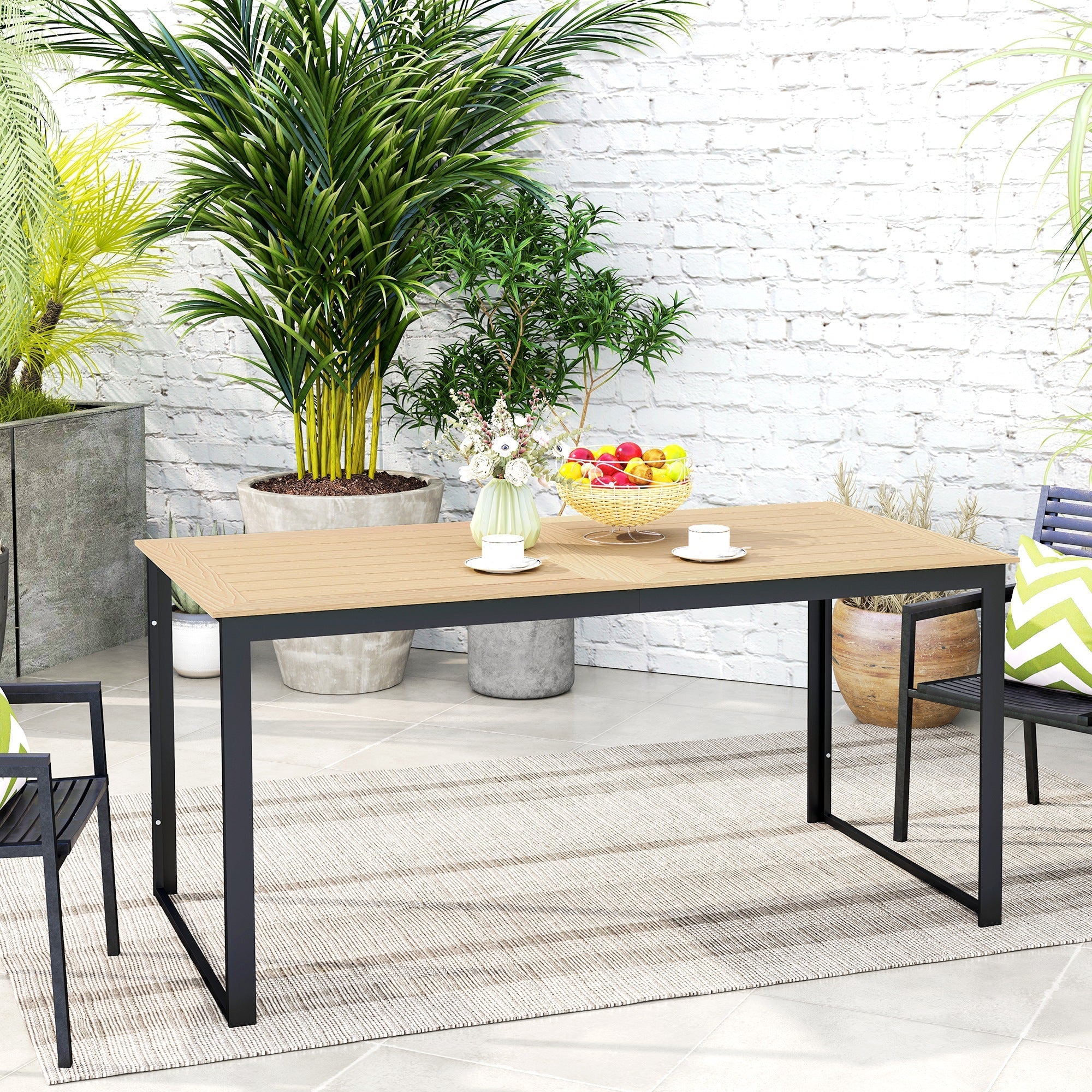 Outsunny Garden Table for 6 People, 160 x 80 x 75 cm Rectangle Outdoor Dining Table with Slatted Table Top, Metal Frame, for Balcony, Deck, Teak