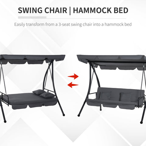 Outsunny Outdoor 2-in-1 Swing Chair Lounger 3 Seater Garden Swing Seat Bed Convertible Tilt Canopy W/ Cushion, Dark Grey