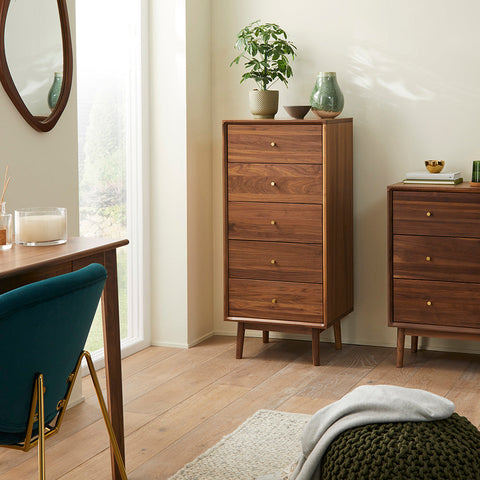 Wright Walnut Tallboy Chest of 5 Drawers