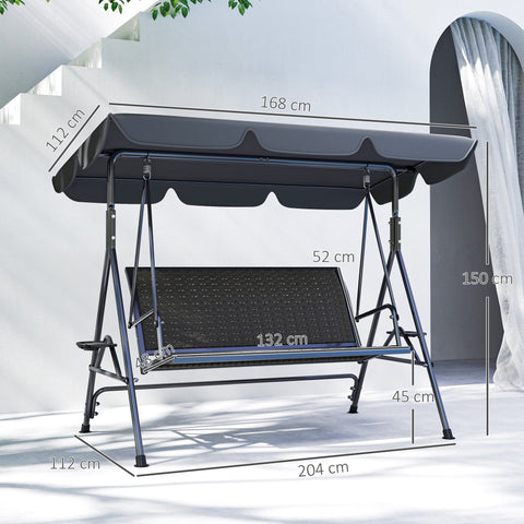 Outsunny 3 Seater Swing Chair, Garden Swing Seat Bench with Adjustable Canopy, Rattan Seat and Steel Frame for Patio, Yard, Grey