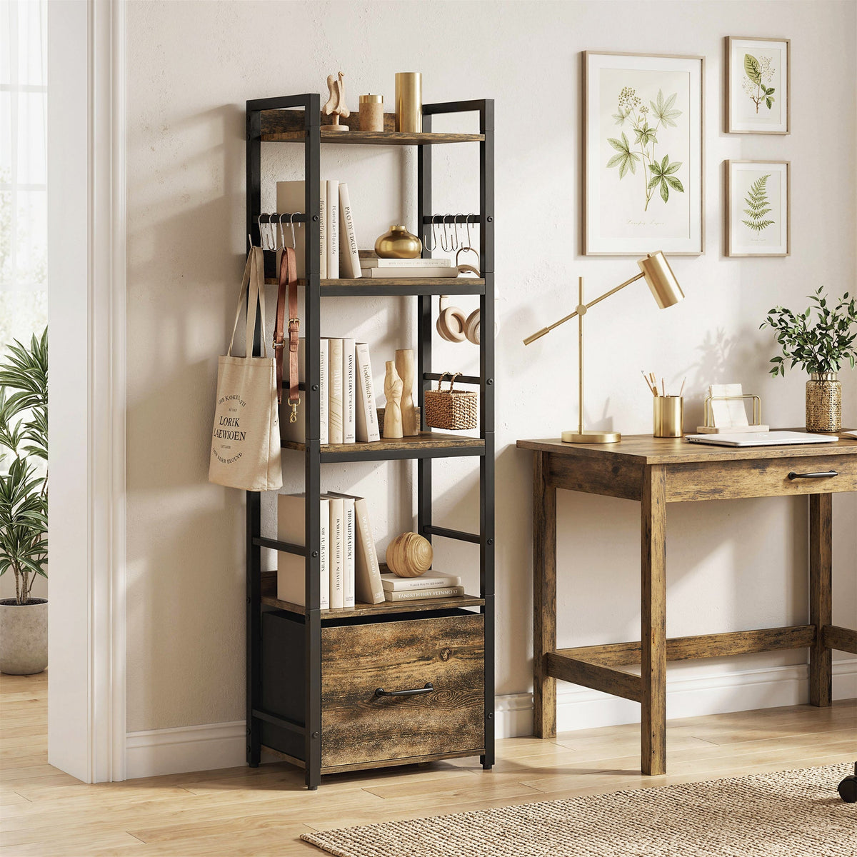 HOMCOM 4-Tier Bookshelf, Narrow Bookcase with Drawer, 8 Hooks, Metal Frame, Rustic Brown
