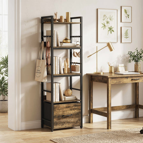 HOMCOM 4-Tier Bookshelf, Narrow Bookcase with Drawer, 8 Hooks, Metal Frame, Rustic Brown