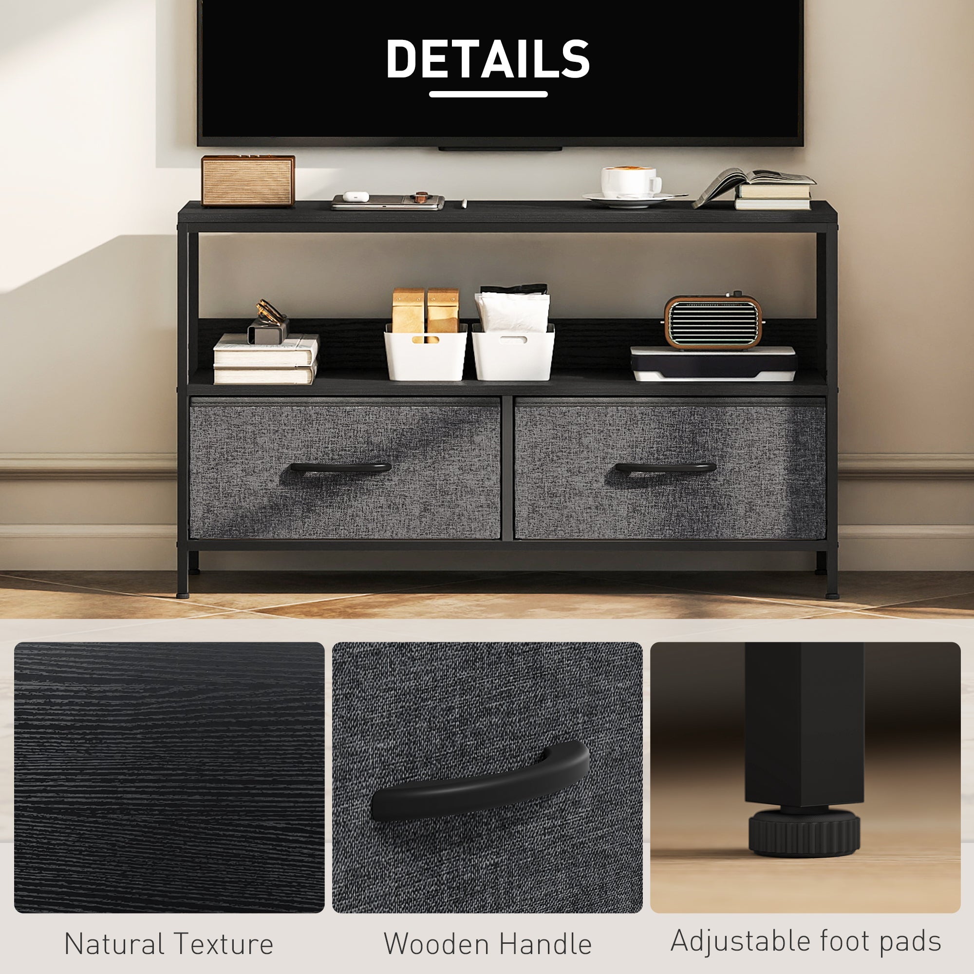 HOMCOM TV Stand Cabinet with 2 Foldable Drawers - Black