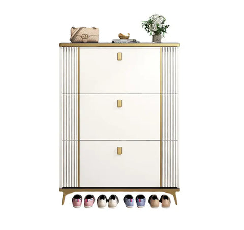 modern minimalist ayling shoe storage with three fold-out shelves black and gold frame and white interior panels