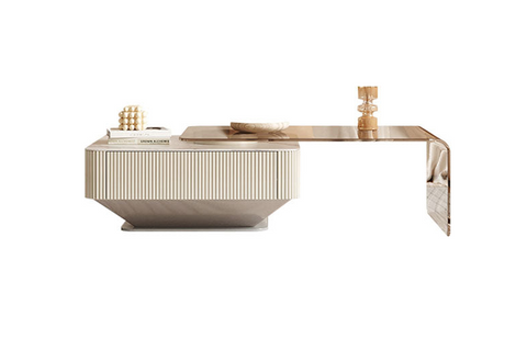 modern cream-colored alonso coffee table with sintered stone marble top and ribbed sides with open storage drawers