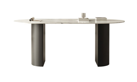 Modern dwight dining table with white marble top and dark gray fluted metal legs for stylish dining spaces.