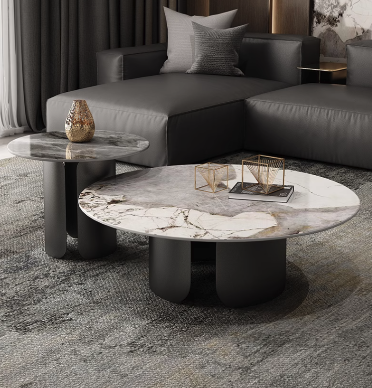 Maru Nesting Coffee Table Set, Sintered Stone Top With Gold Base