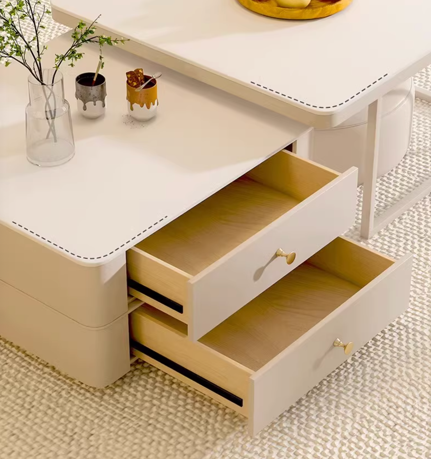 Eclipse Nesting Coffee Table Set With Matching Ottoman, Cream