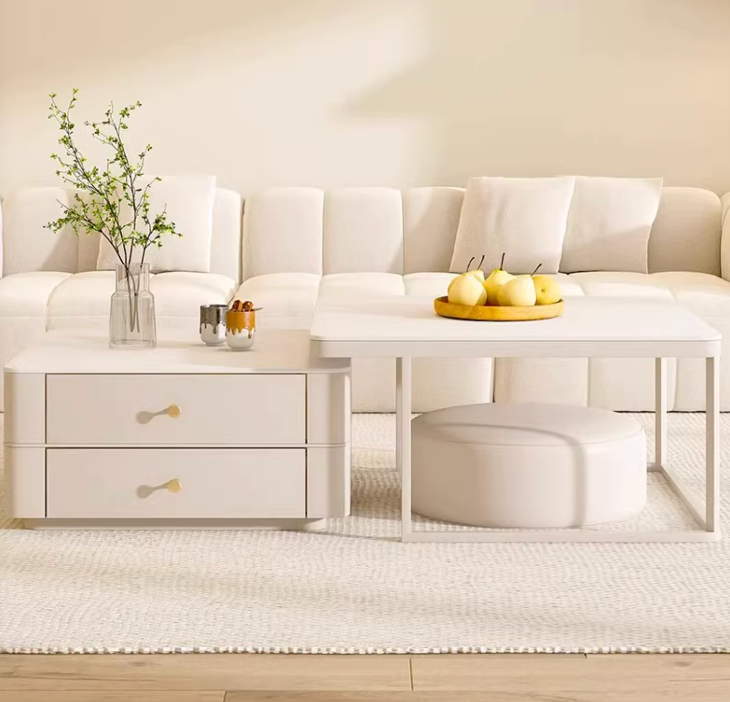 Eclipse Nesting Coffee Table Set With Matching Ottoman, Cream