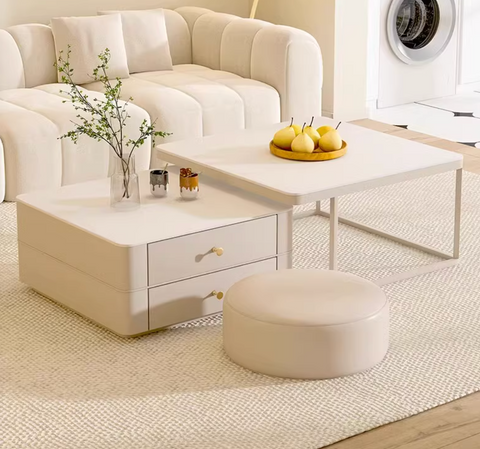 Eclipse Nesting Coffee Table Set With Matching Ottoman, Cream