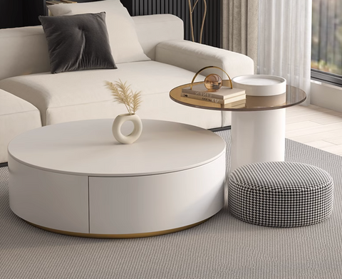Riviera Round Nesting Coffee Table Set With Ottoman, White