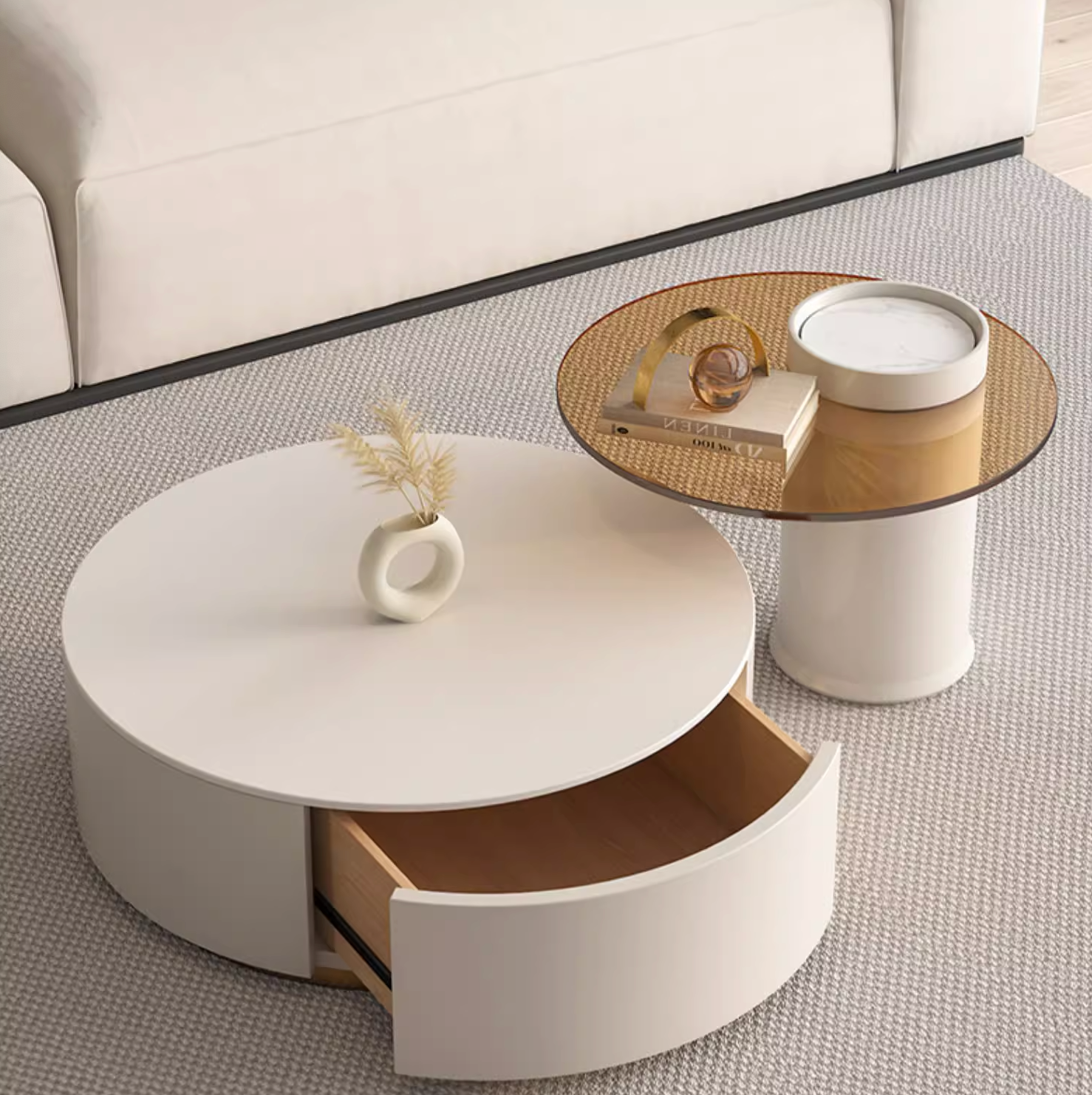 Riviera Round Nesting Coffee Table Set With Ottoman, White
