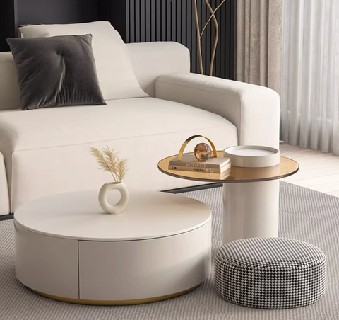 Riviera Round Nesting Coffee Table Set With Ottoman, White