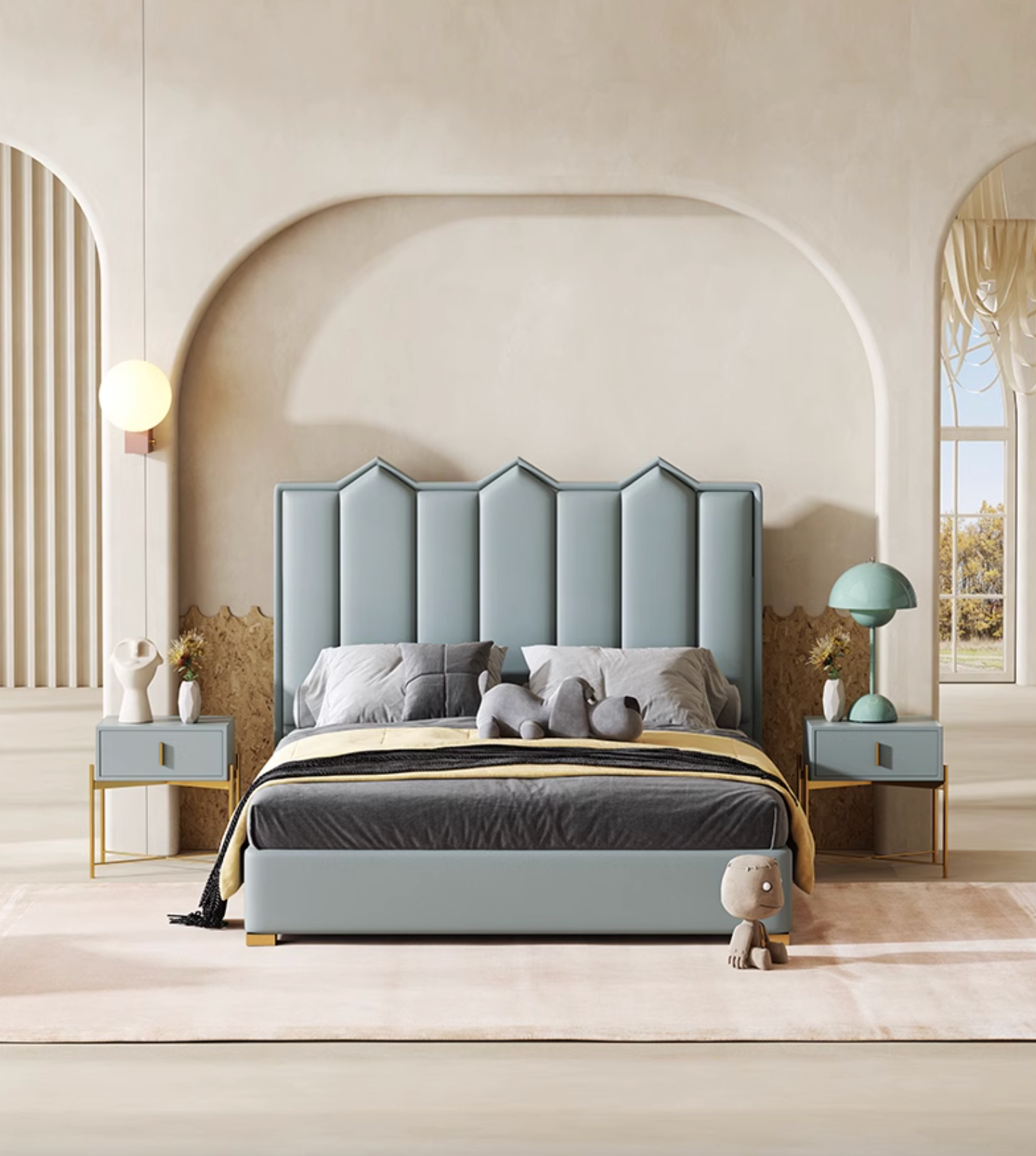 Baez King Size / Super King Size Bed, Leather/Velvet