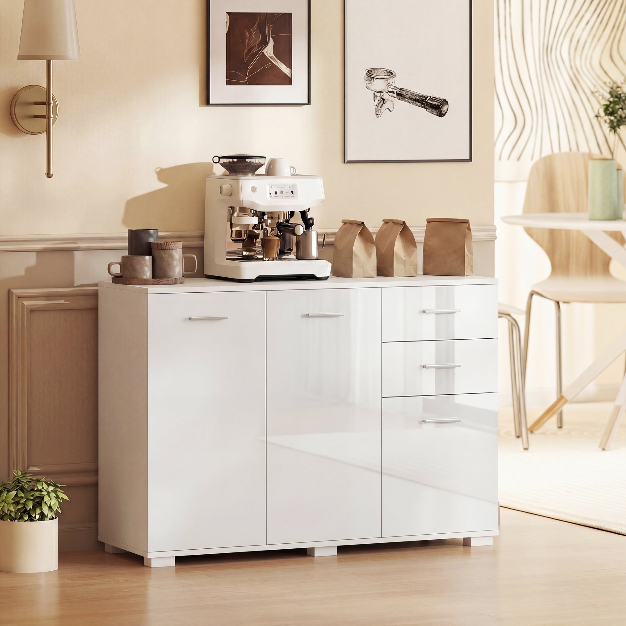 HOMCOM Sideboard, Modern Storage Cabinet with 2 Drawers, 3 Doors and Adjustable Shelves, High Gloss White