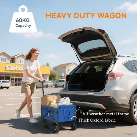 Outsunny 41L Festival Trolley on Wheels, Small Garden Folding Trolley Cart, 60kg Heavy Duty Collapsible Folding Wagon with Adjustable Handle and Carrying Bag for Beach, Camping, Festival, Blue