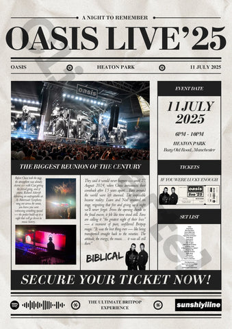 Oasis Live'25 Personalised Newspaper Poster - Oasis Inspired Print