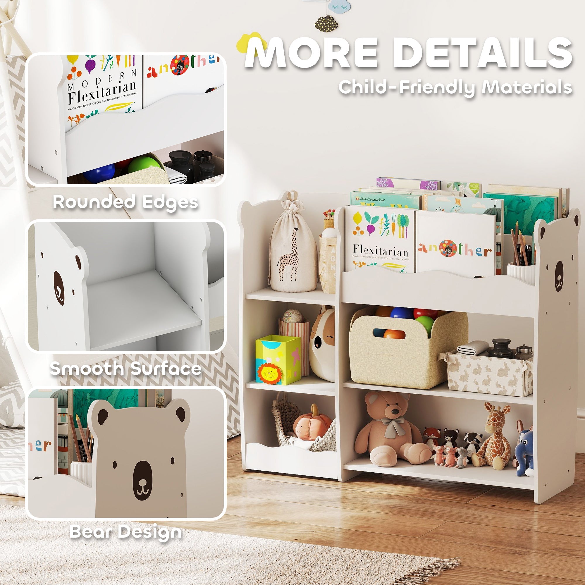 AIYAPLAY Kids Toy Storage Unit, Bear Design Kids Bookshelf and Toy Organiser, for Bedroom, Nursery, Playroom, White