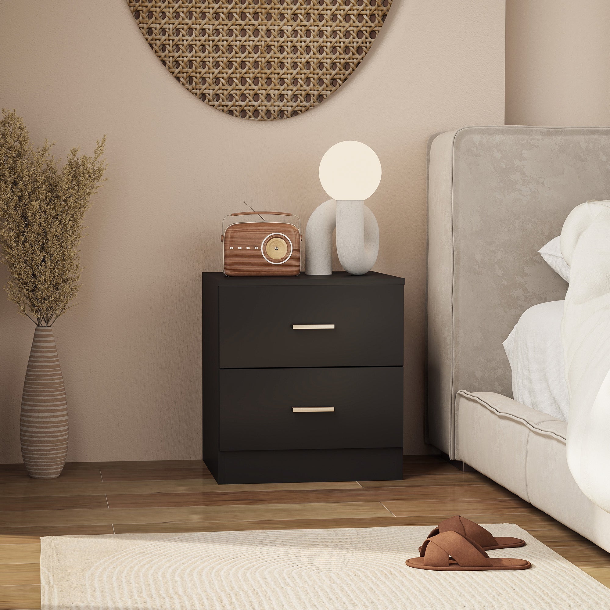 HOMCOM Modern Bedside Table, Beside Cabinet with 2 Drawers, for Bedroom, Living Room, Black