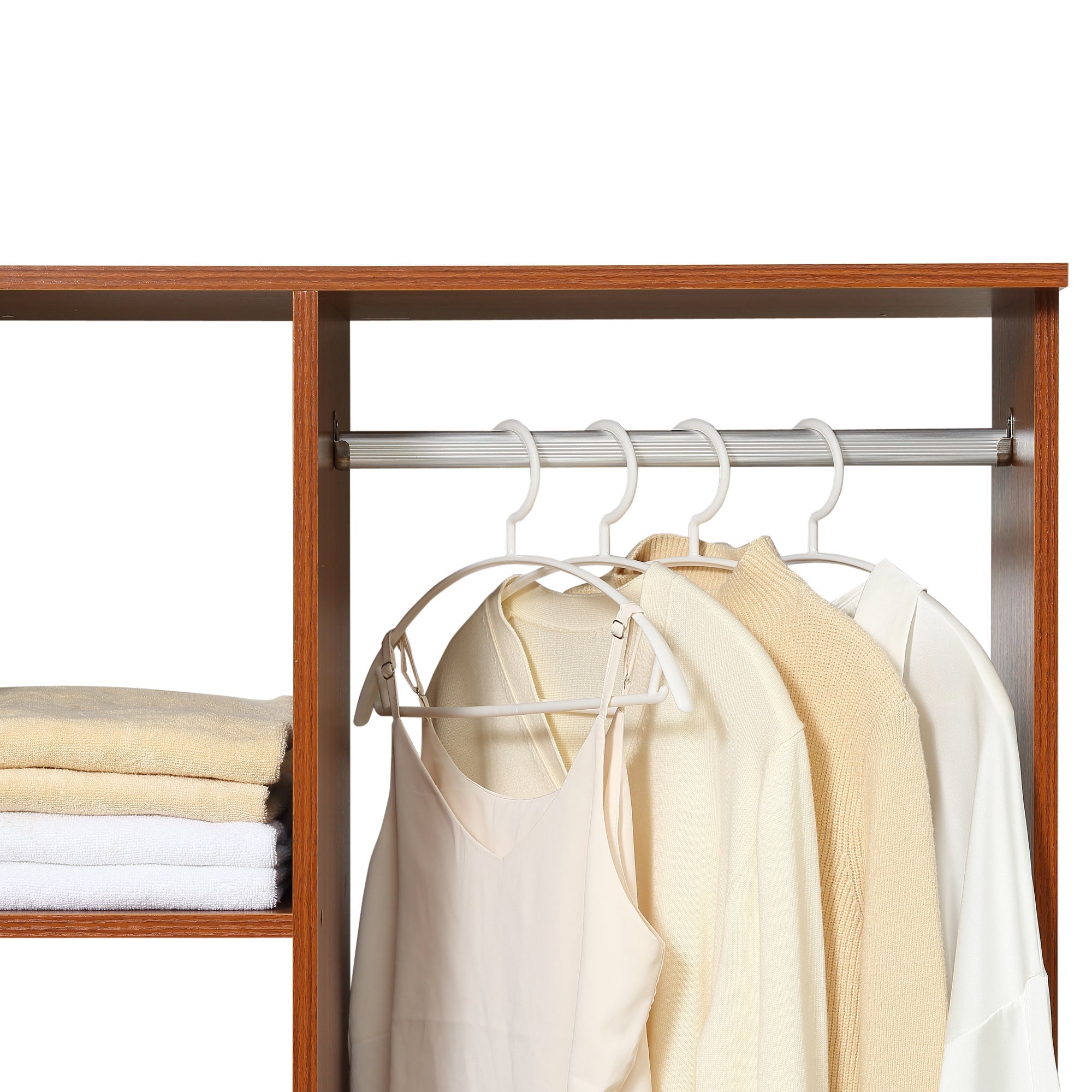 HOMCOM Open Wardrobe on Wheels, Bedroom Wardrobe with Clothes Hanging Rail, 3 Storage Shelves, Mobile Garment Rack for Cloakroom, Hallway, Walnut