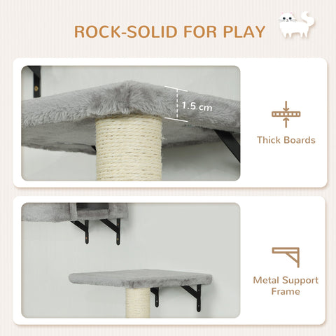 PawHut 6-Piece Cat Wall Shelves Set with Condo, Cat Wall Furniture with Platforms, Sisal Scratching Post, Bed, Toy Ball, Grey