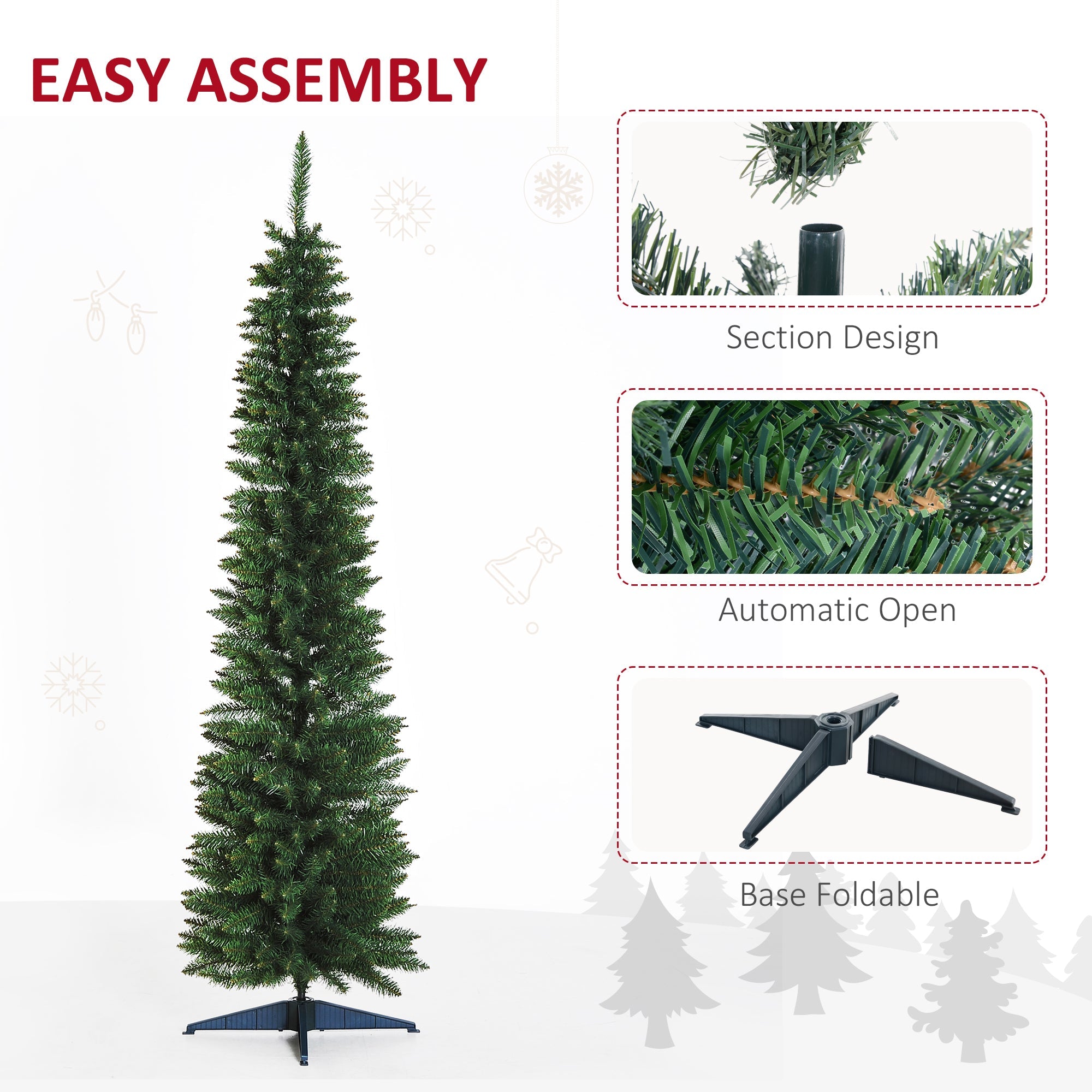 HOMCOM 7ft Unlit Artificial Christmas Tree, Pencil Slim Xmas Tree with Solid Stand and Realistic Branches, Green