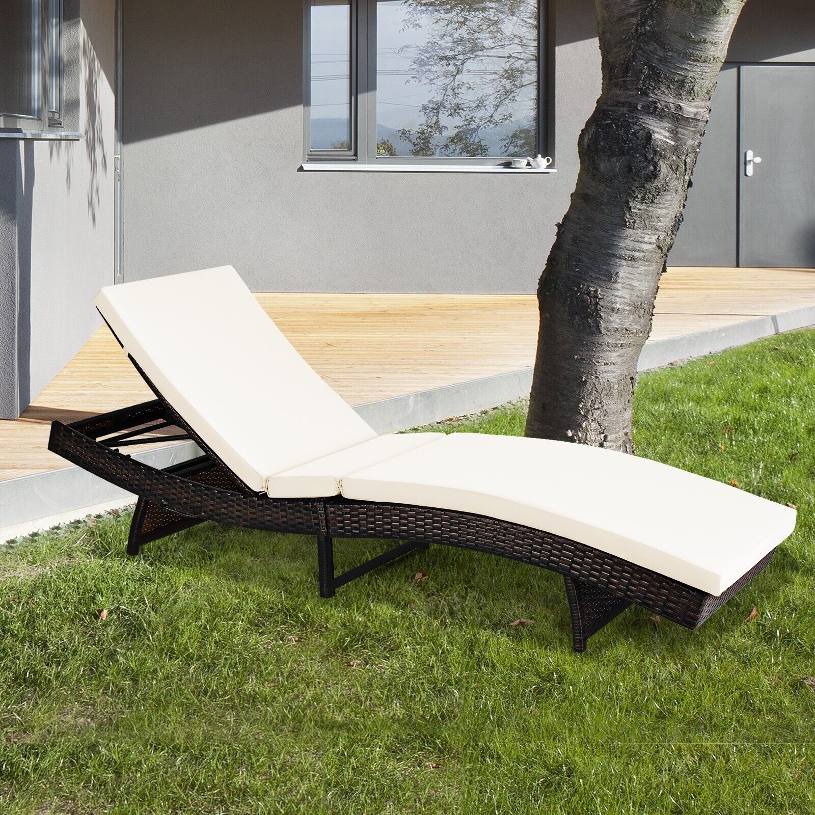 Outdoor Adjustable Folding Chaise Lounge with Removable Thick Cushion-Grey