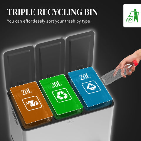 HOMCOM 3 x 20L Pedal Bin, Steel Triple Kitchen Bin with Soft Close Lid, Removable Inner Buckets, Fingerprint-Proof, Silver Tone