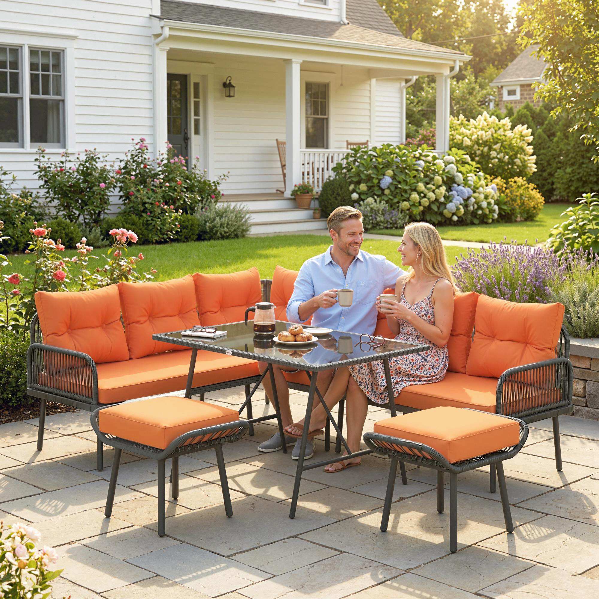Outsunny 6 Piece Rattan Garden Furniture Set, 8 Seater Garden Corner Sofa with Cushions and Glass Top Table, Orange