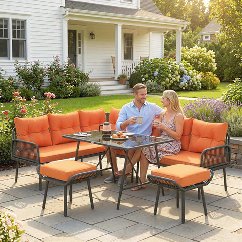 Outsunny 6 Piece Rattan Garden Furniture Set, 8 Seater Garden Corner Sofa with Cushions and Glass Top Table, Orange