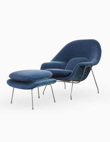 Womb Style Chair & Ottoman In Premium Velvet or Linen, Dark Blue