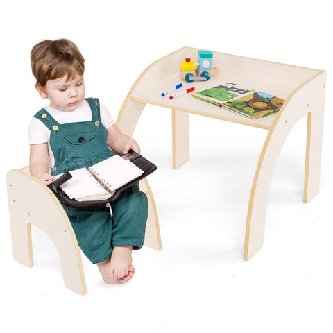 Wooded Toddler Kids Desk and Chair Set with Proper Height-Natural