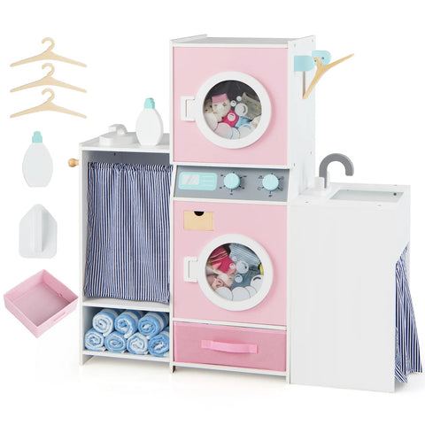 Wooden Kids Laundry Playset Pretend Toy Washing Machine with Laundry Detergent Bottle-Pink