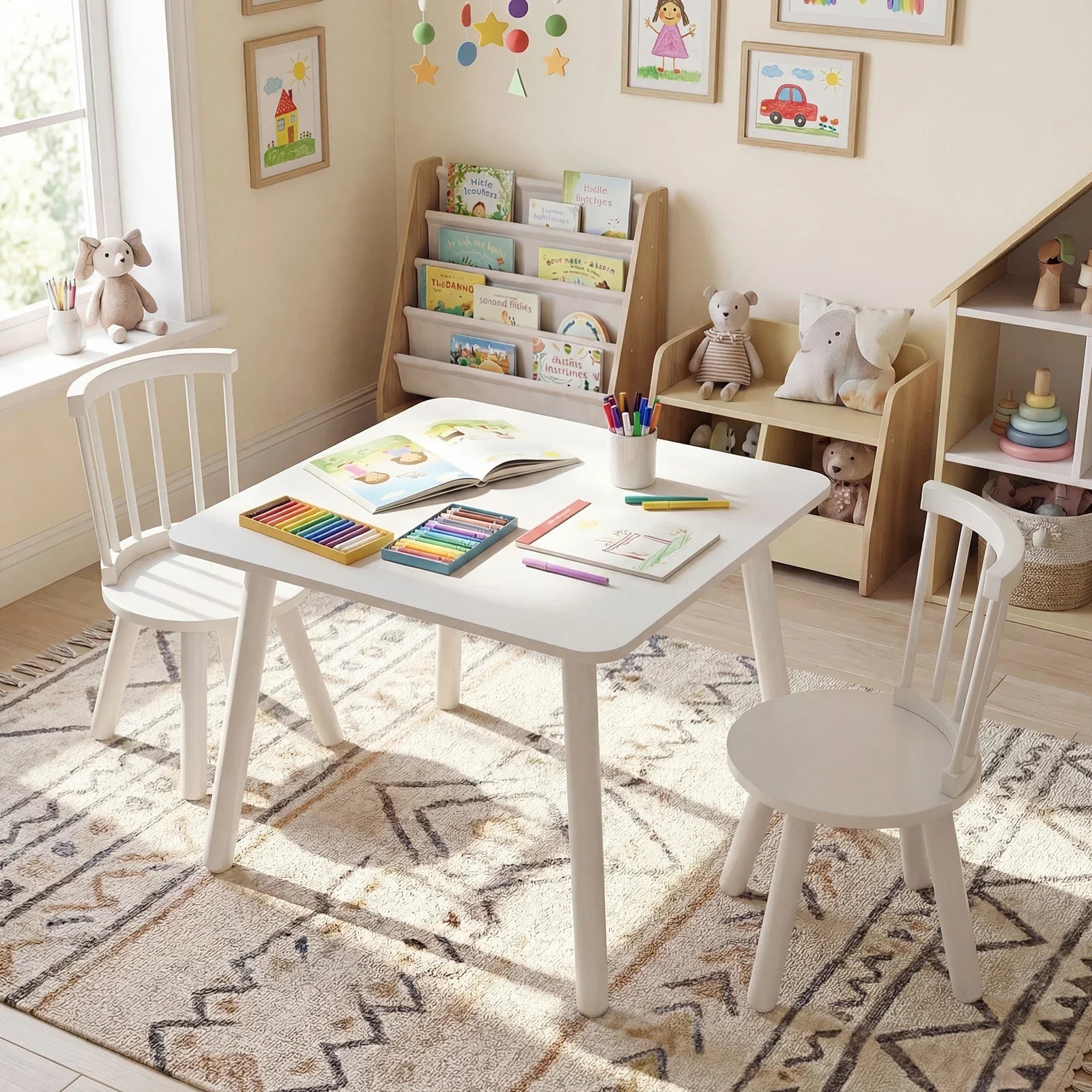Wooden Kids Table and 2 Chairs Set with Curved Spindle Backrests-Natural
