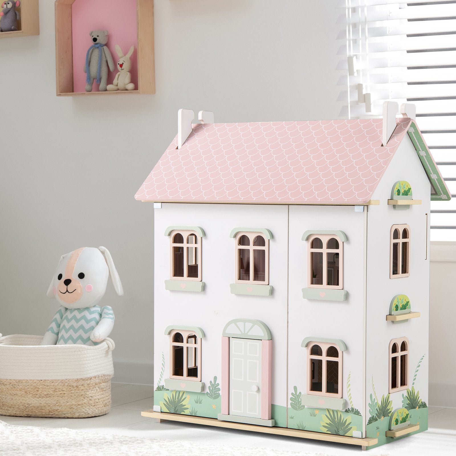 Wooden Dollhouse with Furniture and Accessories for Kids-Pink