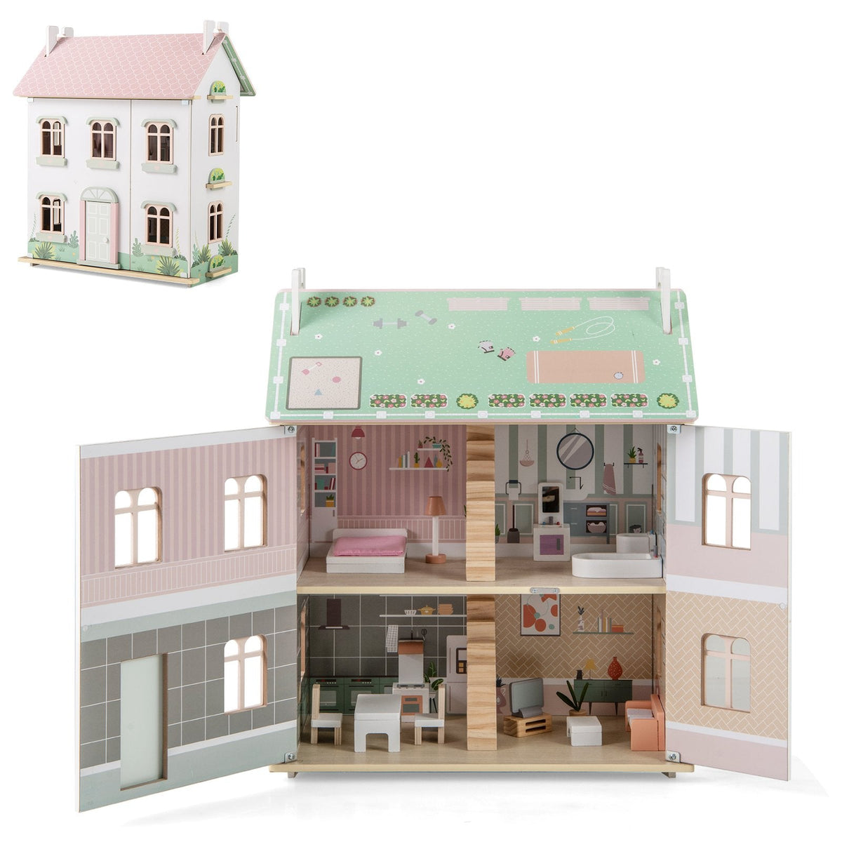 Wooden Dollhouse with Furniture and Accessories for Kids-Pink