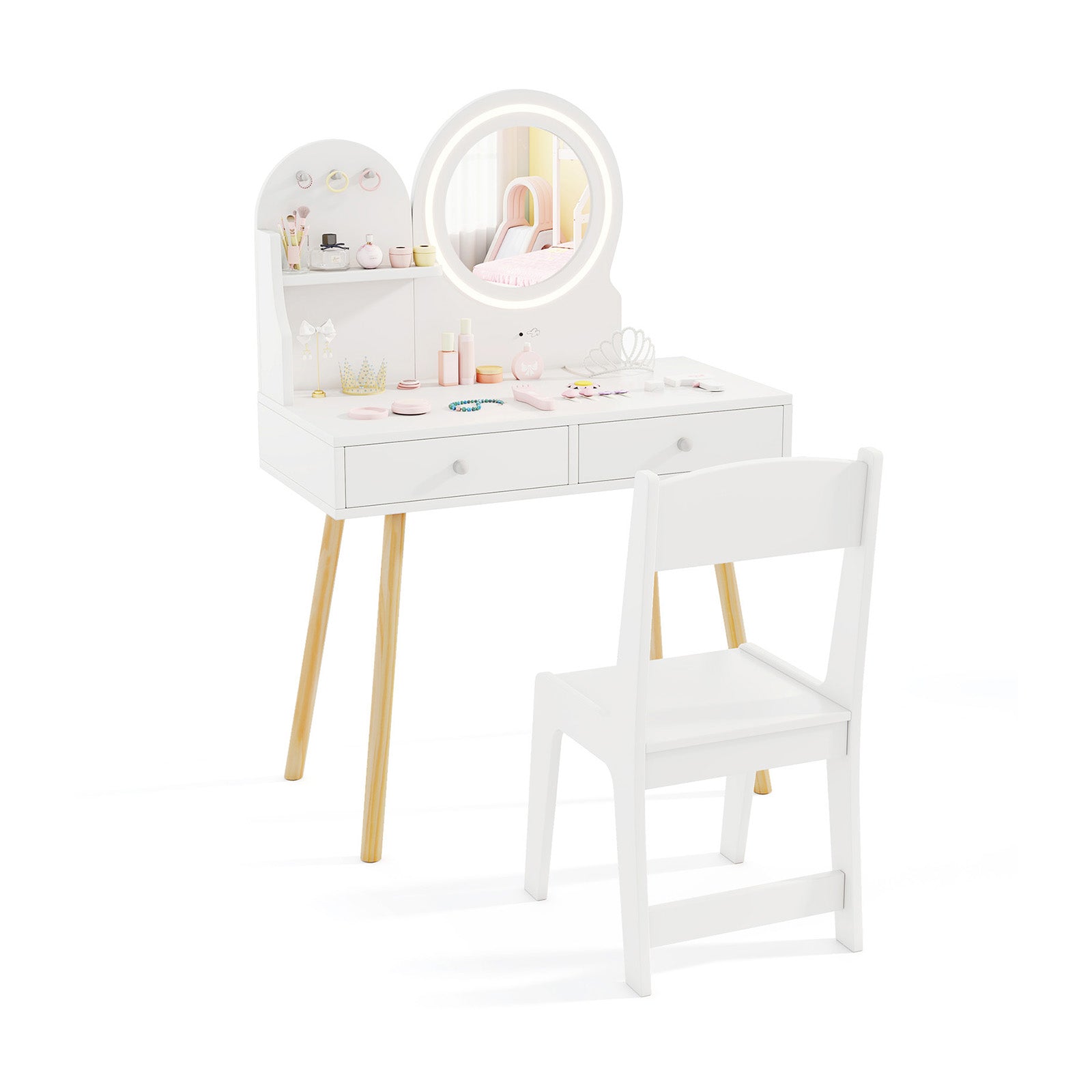 Wooden Kids Vanity Set with Lighted Mirror, Hooks and Storage Drawers-Pink