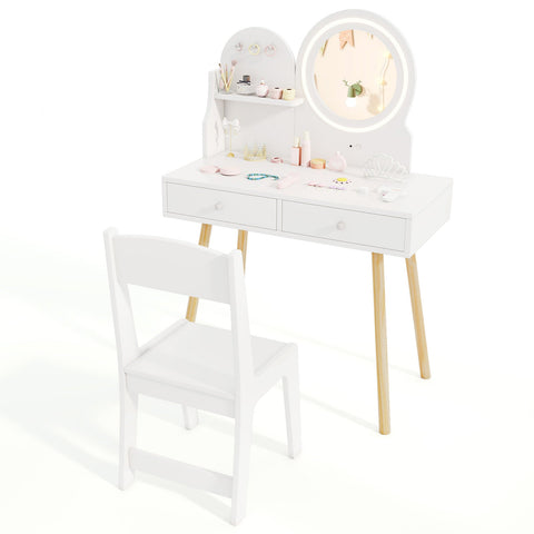 Wooden Kids Vanity Set with Lighted Mirror, Hooks and Storage Drawers-Pink