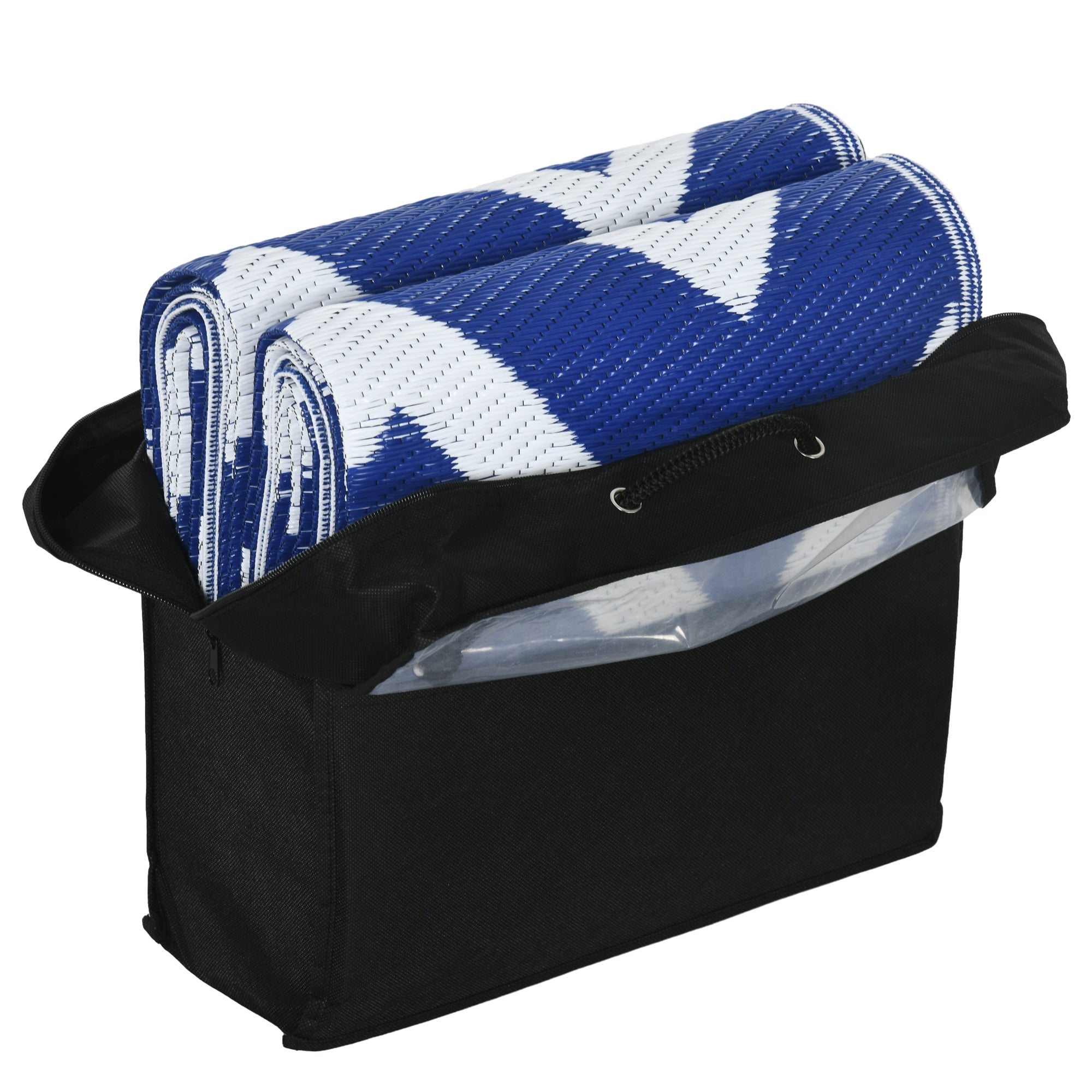 Outsunny Plastic Straw Reversible RV Outdoor Rug with Carry Bag, 182 x 274cm, Blue and White