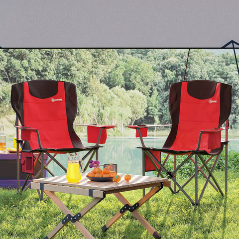 Outsunny Set of 2 Folding Camping Chairs, Padded Camping Chairs with Adjustable Armrests, Portable & Lightweight Folding Camp Chair with Cooler Bag, Cup Holder and Side Pockets, Red