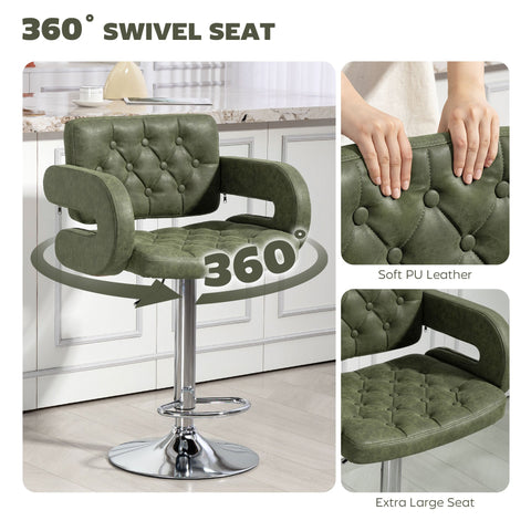 HOMCOM PU Leather Upholstered Swivel Bar Stool, Height Adjustable with Back, Armrest, Footrest, Green