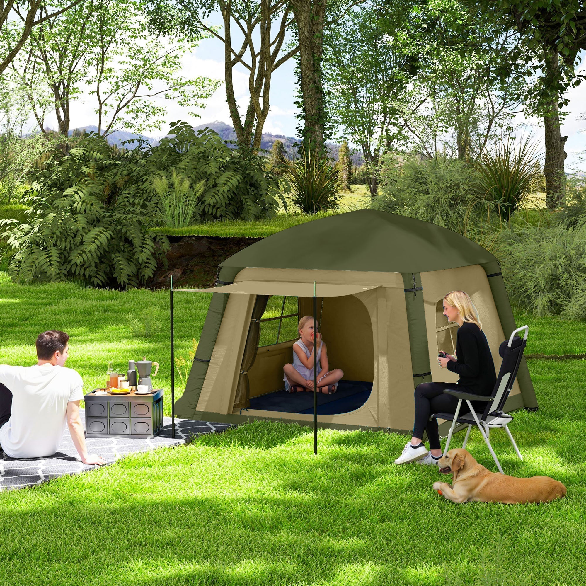 Outsunny Inflatable Camping Tent w/ Hand Pump, Easy Setup 1/2 Person Blow Up Tent Waterproof 190T Taffeta w/ Mesh Windows, Doors and Carry Bag, Brown